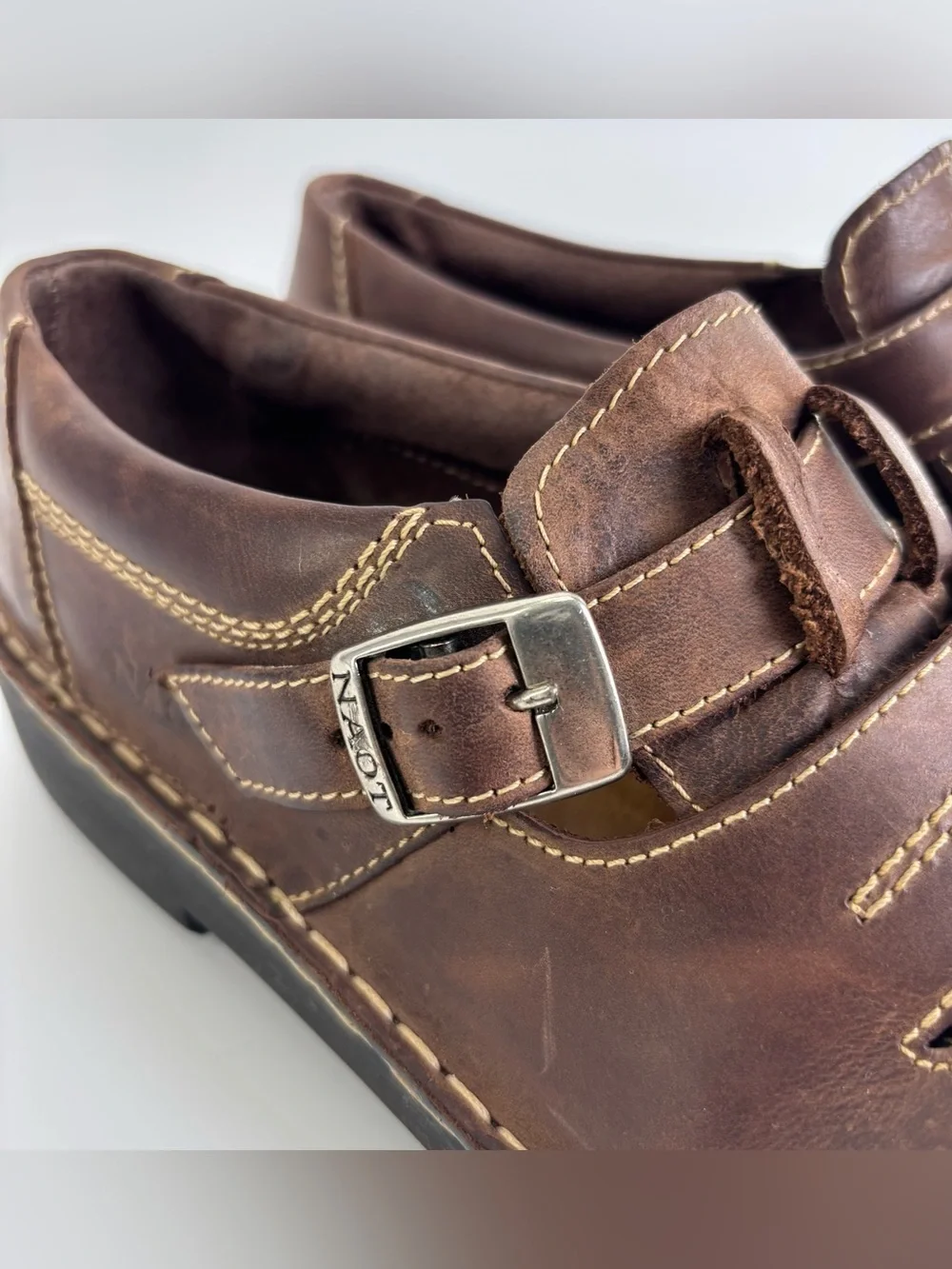 Naot brown leather comfort loafers 42 monk strap buckle chunky 90s grunge